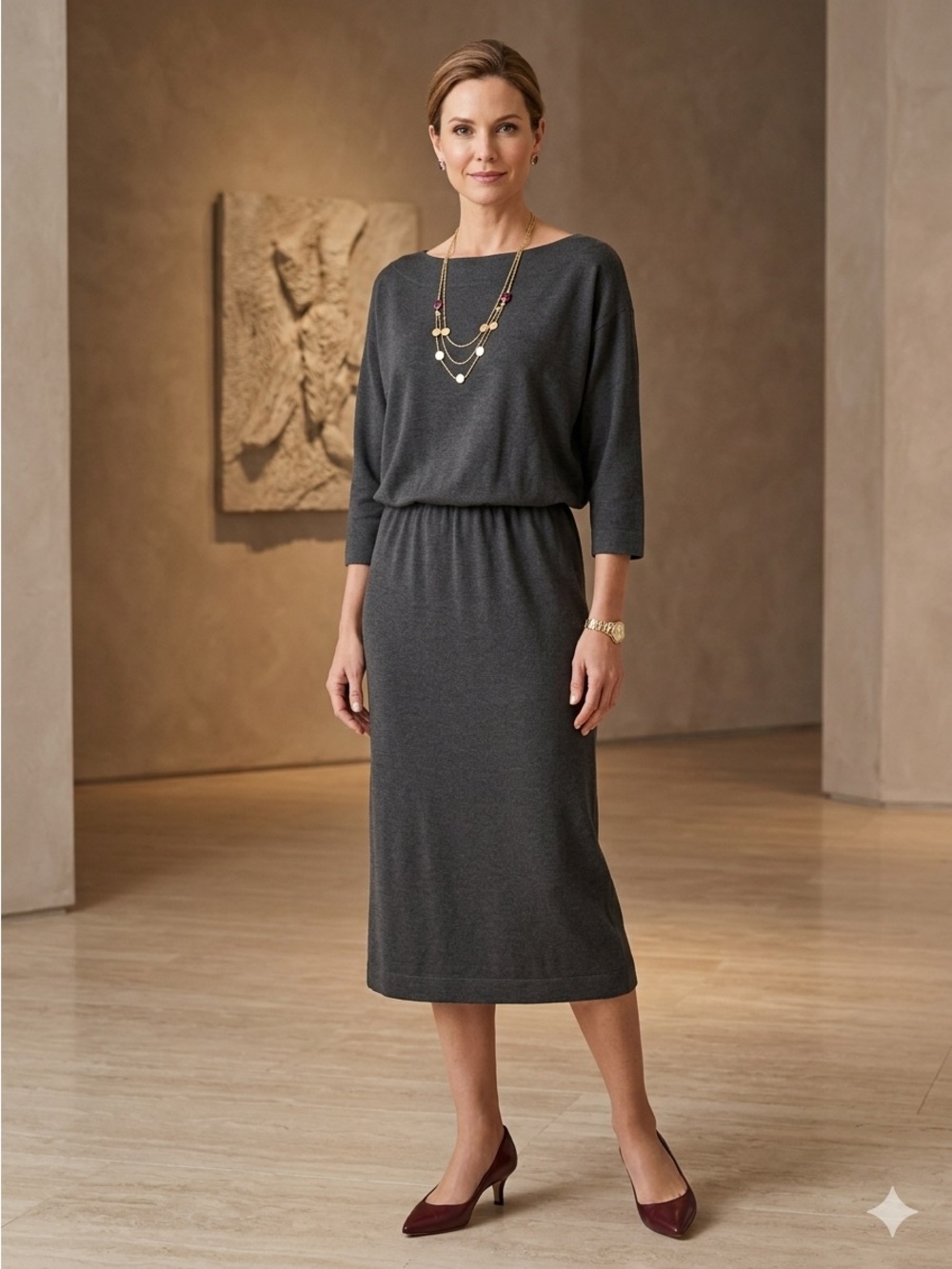 Anthropologie Charcoal Gray Boatneck Blouson Midi Dress